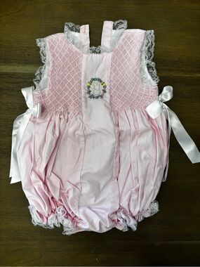 Light Pink Heirloom Lace Smocked Bubble with Ribbon Sides